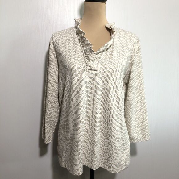 J. McLaughlin Durham Catalina Cloth Womens XL Beige Ruffle V-Neck 3/4 Sleeve Top - Picture 1 of 10